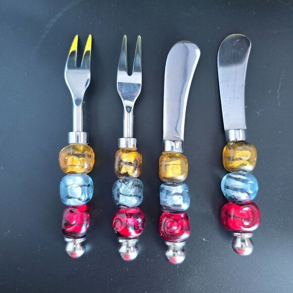 Vintage Pier 1 Cheese & Appetizer Utensils Set/4 Glass Beads & Stainless Steel - Picture 3 of 9